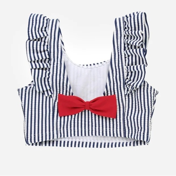 NWT Ruffle Butts Navy Seersucker Waterfall Tankini Top Baby Blue White Red - Picture 1 of 6